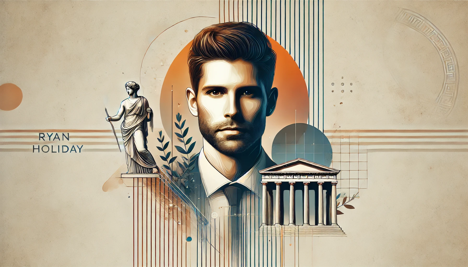 Modern depiction of Ryan Holiday with contemporary elements and Greek architecture, symbolizing his influence in revitalizing Stoicism for modern life.