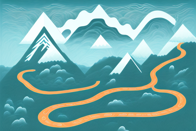 A photograph of an abstract landscape featuring a winding path leading through various obstacles like mountains