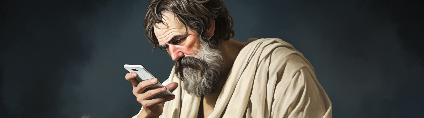 Antik græsk stoiker der kigger på sociale medier på sin telefon