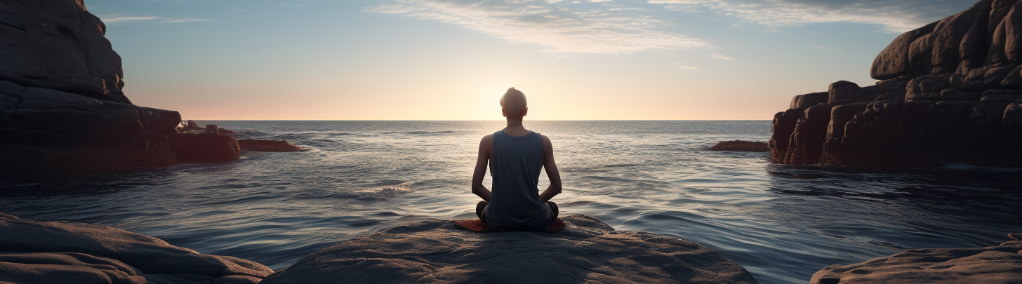 Person der mediterer på en klippe foran havet.