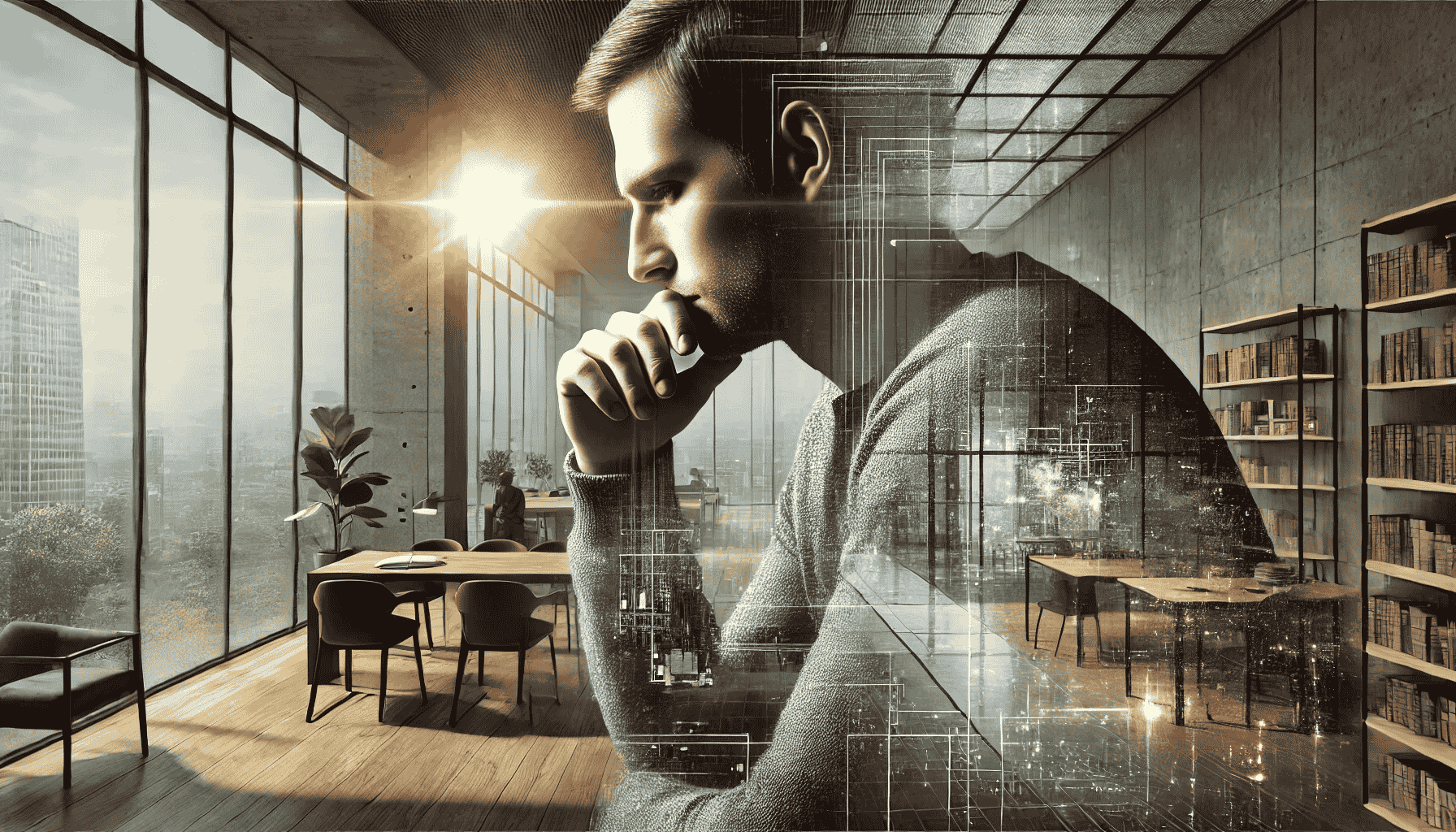 Person i dyb refleksion i moderne omgivelser, symboliserende kognitiv dissonans og stoisk klarhed.