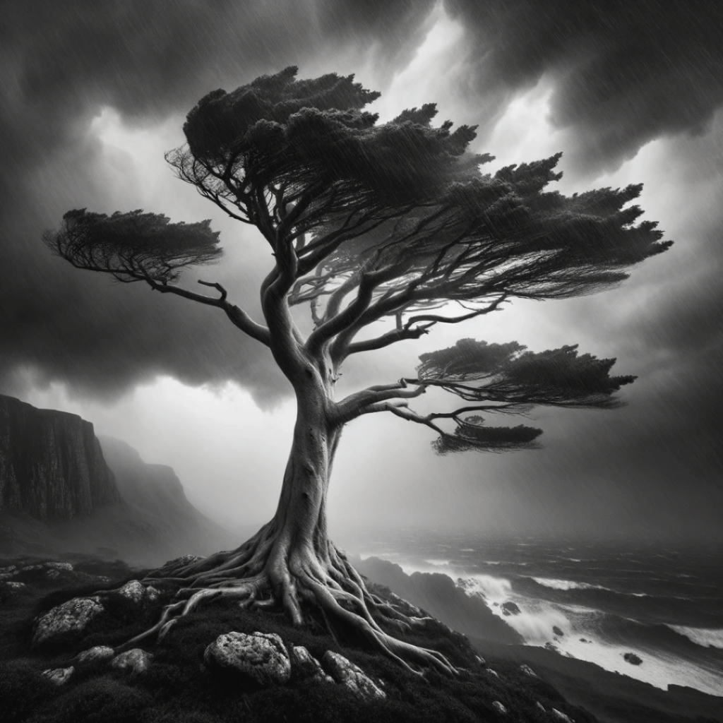 illustration av ett träd i oväder och kämpar för att klara sig. En liknelse till amor fati som innebär att älska ödet.