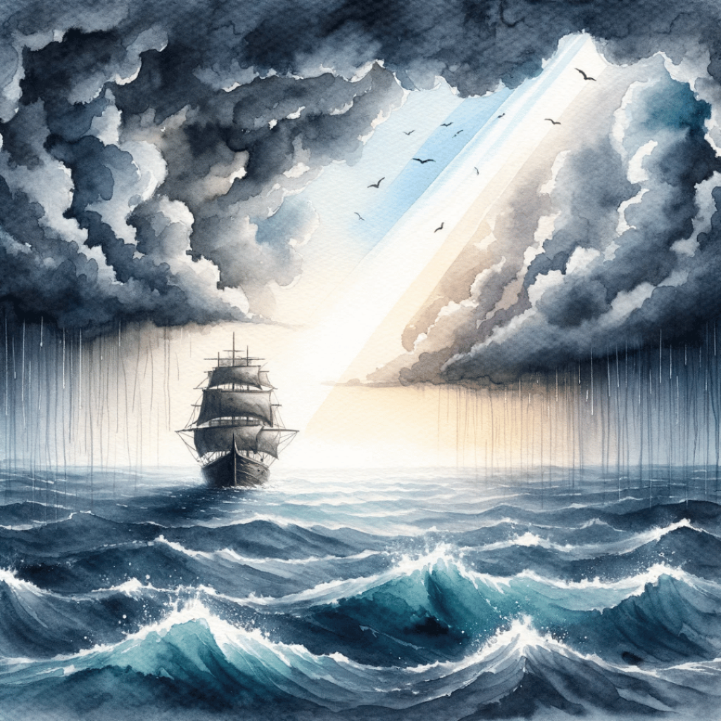 En båt som seglar i havet och vädret verkar både vara bra och dåligt. Åskådarens uppfattning om det ska bli oväder eller bra väder.