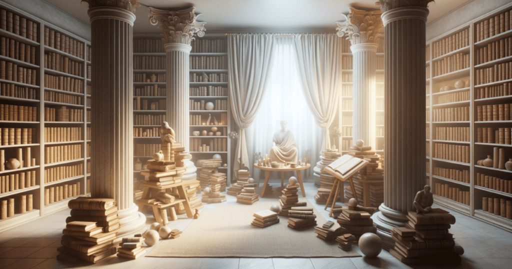 Ett rum med böcker och texter av stoiker och författare. Mycket visdom samlat i ett bibliotek-liknande rum.