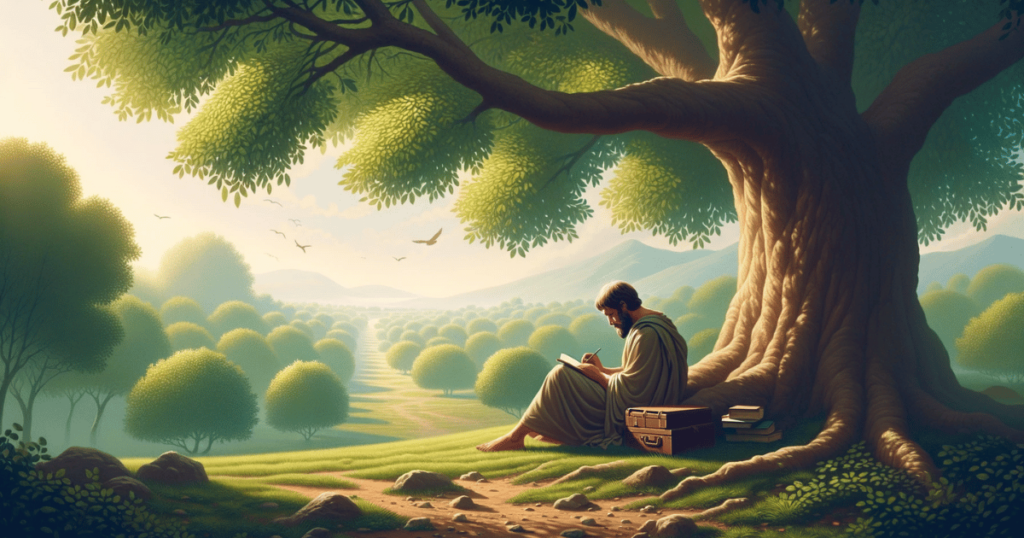 Stoiker sitter på en kulle under ett träd med utsikt över skog och berg och skriver ner sina tankar i en dagbok. 