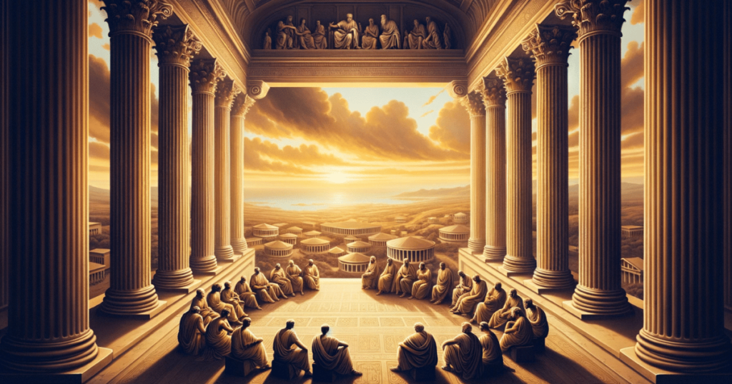 En grupp stoiker sitter i en ring i en vacker byggnad med utsikt över hela staden och horisonten i solnedgången.