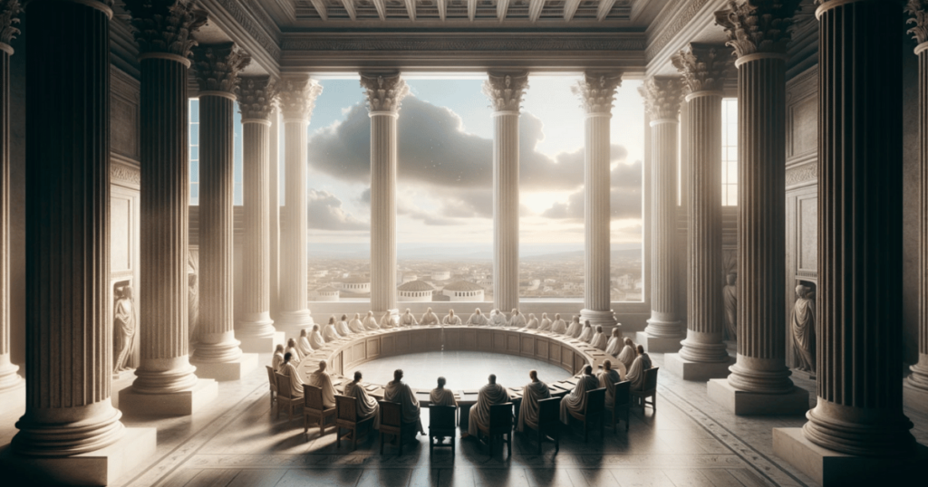 De lärda samt stoiker inom romarriket har ett möte runt ett runt bord med utsikt över riket. De diskuterar lagar och regler. 