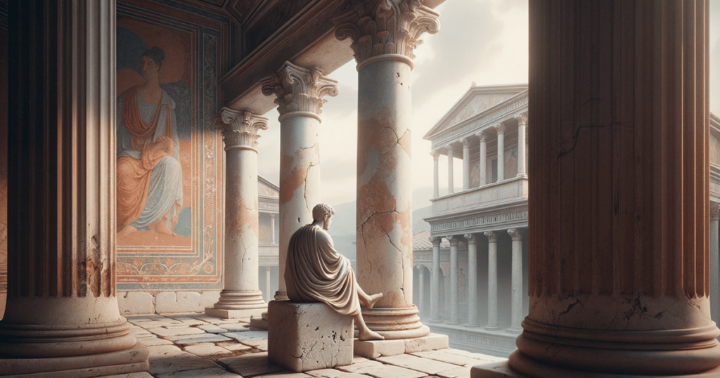 En person i antika romarriket sitter ned och filosoferar om livet.