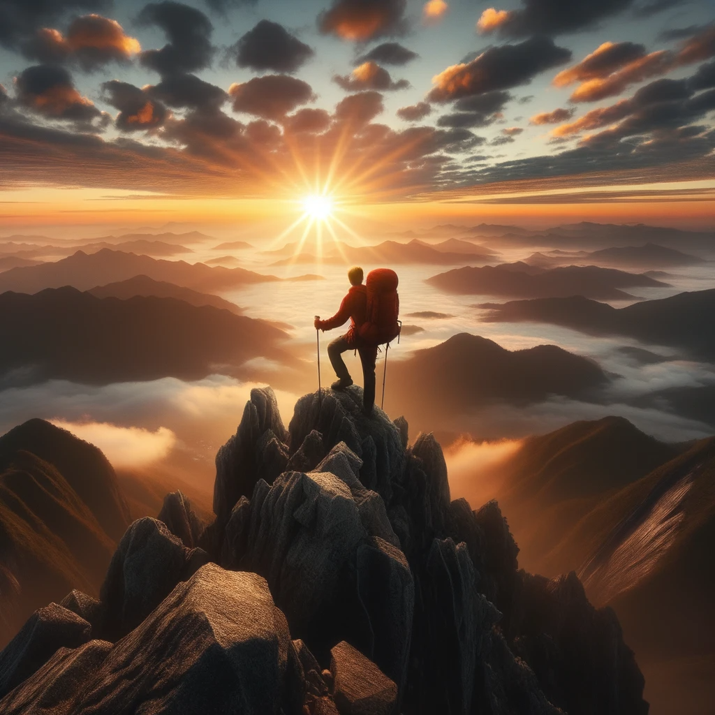 En man so bestigit ett berg och är på toppen och njuter av utsikten och solnedgången.