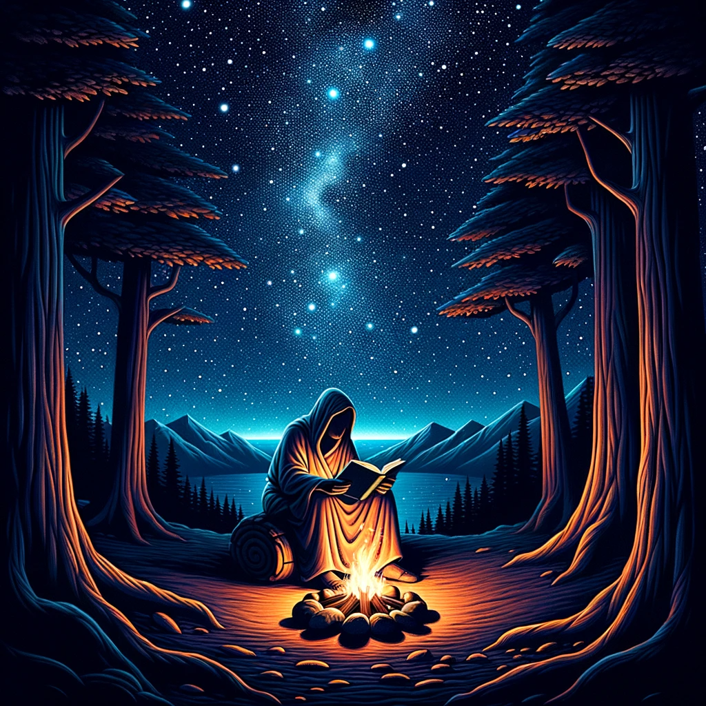 Person som känner ånger sitter ensam i skogen framför en brasa mitt i natten.