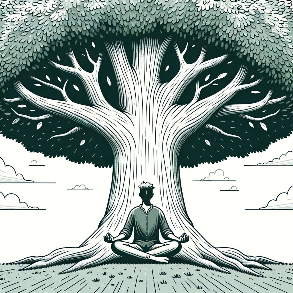 Zeno av Citium illustration av en man som mediterar under ett stort träd i naturen.