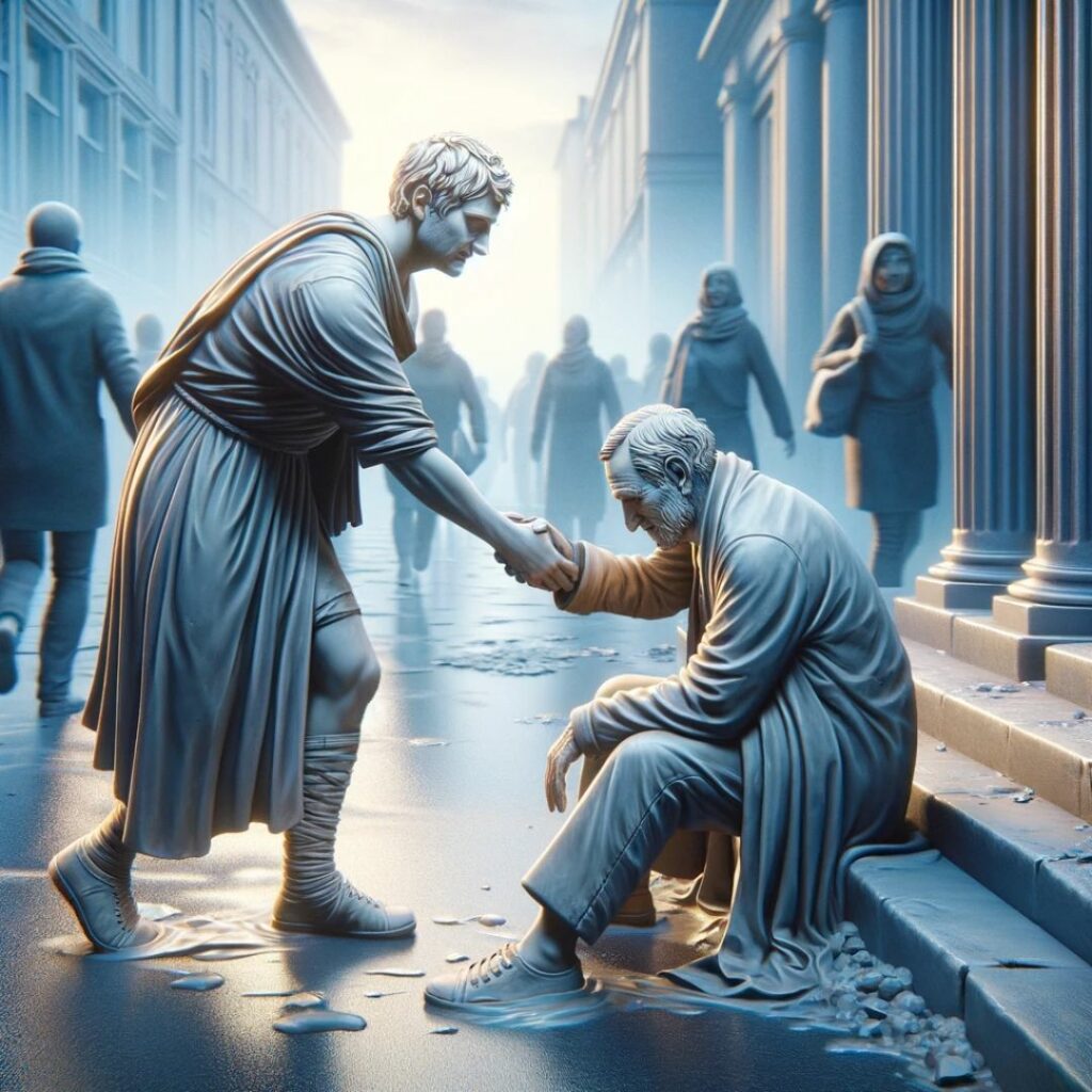 En person hjälper en annan i nöd på en gata. Scenen fångar en handling av vänlighet och osjälviskhet. Demonstrerar stoiska värderingar av dygd och integritet