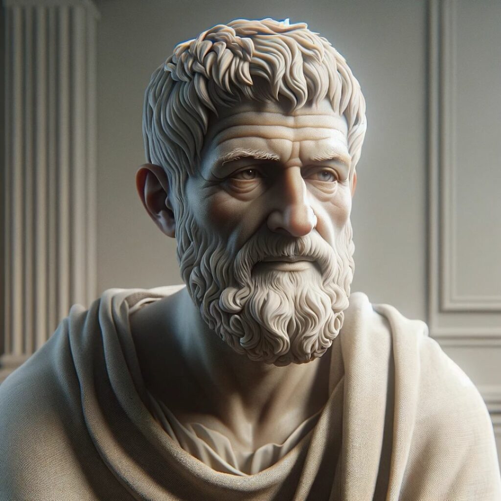 Realistiskt porträtt av Zeno från Citium, en antik stoisk filosof, i en kontemplativ och värdig pose, som representerar stoicismens ideal av logik och dygd.