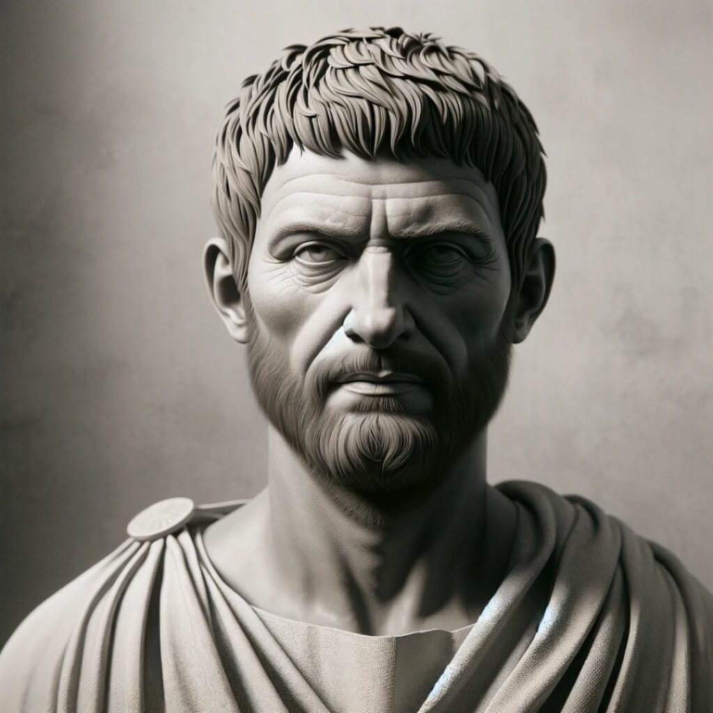 Realistiskt porträtt av den antika stoiska filosofen Agrippinus i en beslutsam och lugn pose, klädd i värdig romersk dräkt, som visar stoiska dygder av självkontroll och likgiltighet