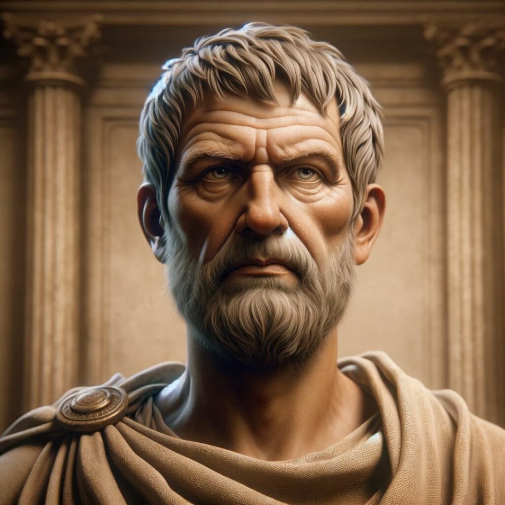 Realistiskt porträtt av den antika stoiska filosofen Cato den yngre i en bestämd och stoisk pose, klädd i traditionell romersk dräkt, som förkroppsligar dygderna mod och moralisk fasthet.