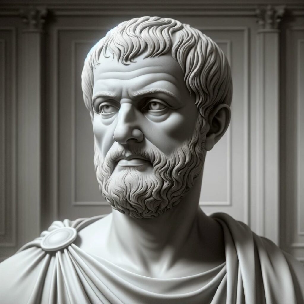 Realistiskt porträtt av den antika stoiska filosofen Chrysippus i en eftertänksam och lugn pose, som representerar stoiska dygder av visdom och självkontroll.