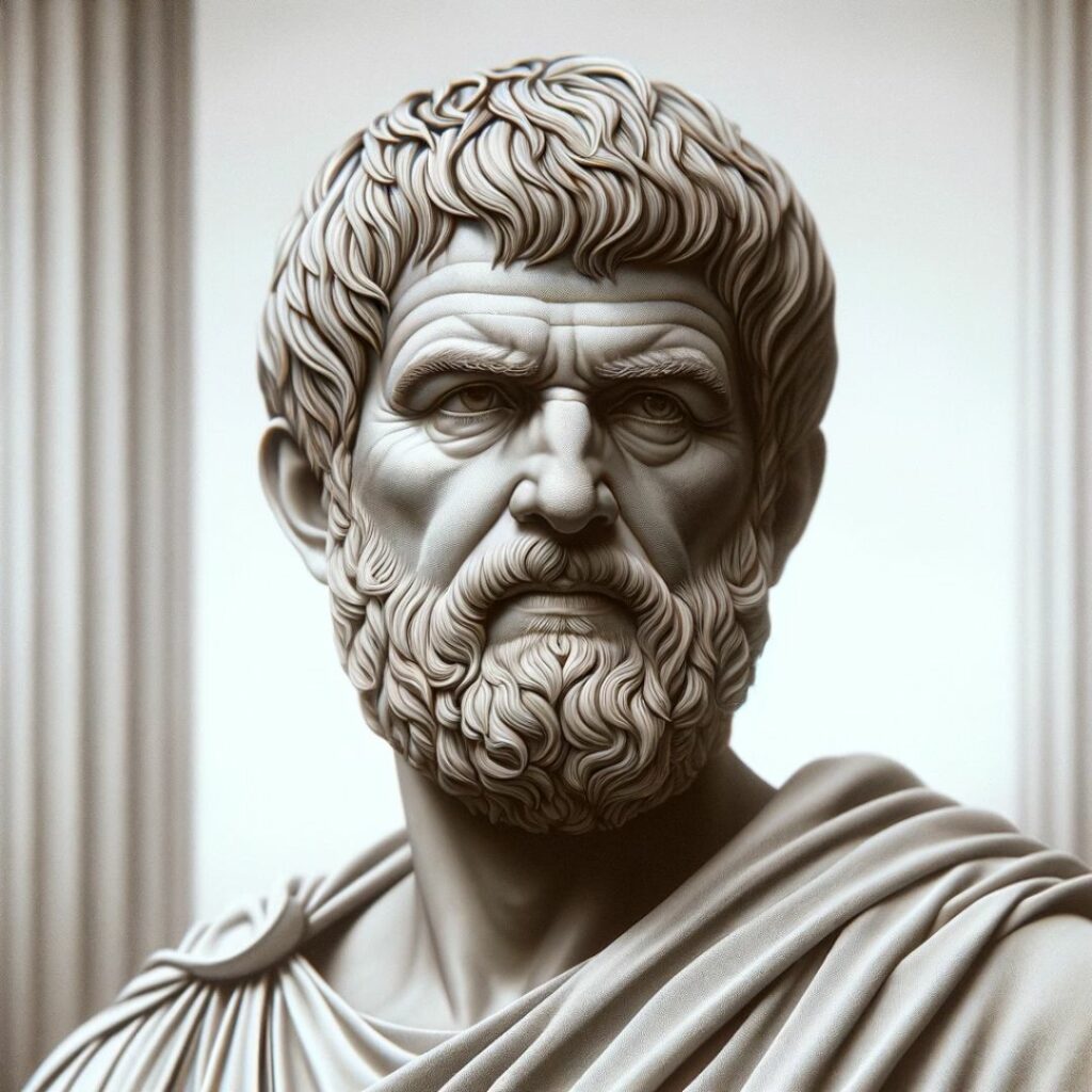 Realistiskt porträtt av den antika stoiska filosofen Cleanthes i en stark och hängiven pose, klädd i traditionell grekisk dräkt, som representerar stoiska dygder av uthållighet och disciplin