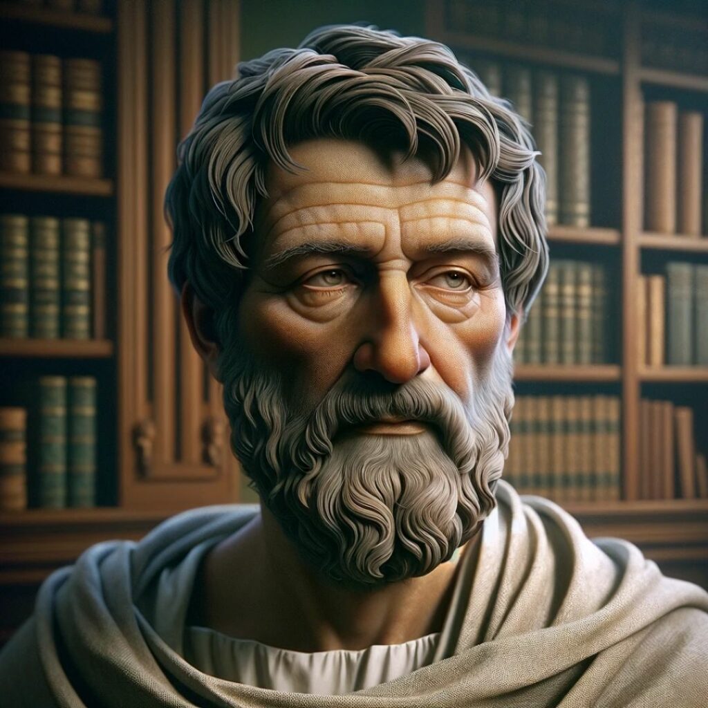 Realistiskt porträtt av den antika stoiska filosofen Diogenes Laërtius i en lärd och introspektiv pose, klädd i traditionell grekisk dräkt, som framhäver hans roll som biograf och filosofihistorik