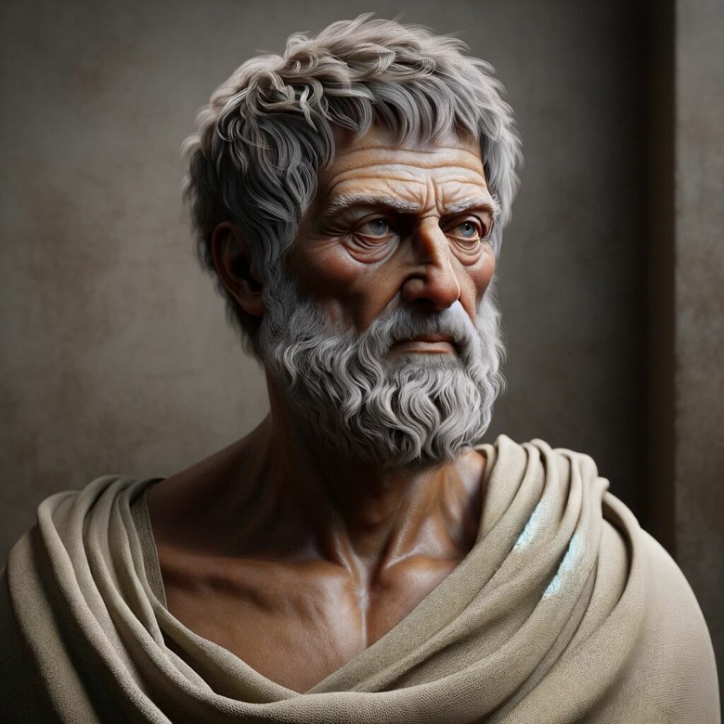 Realistiskt porträtt av den antika stoiska filosofen Epictetus i en vis och motståndskraftig pose, som gestaltar stoiska principer om uthållighet och inre frihet.