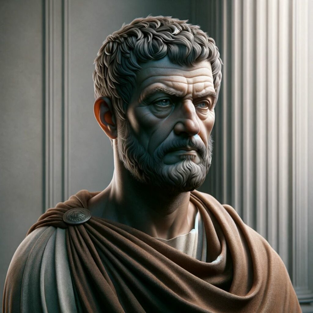 Realistiskt porträtt av den antika stoiska filosofen Junius Rusticus i en sammansatt och auktoritativ pose, klädd i romersk dräkt, som speglar stoiska dygder av integritet och praktisk visdom.