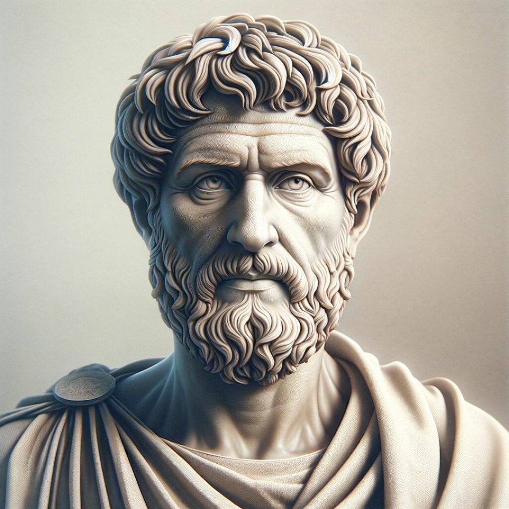 Realistiskt porträtt av den antika stoiska filosofen Musonius Rufus i en vis och lugn pose, klädd i anspråkslös romersk dräkt, som exemplifierar stoiska dygder av enkelhet och praktisk filosofi.