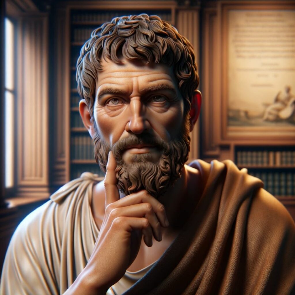 Realistiskt porträtt av den antika stoiska filosofen Posidonius i en insiktsfull och lärd pose, klädd i traditionell grekisk dräkt, som speglar stoiska dygder av kunskap och rationalitet