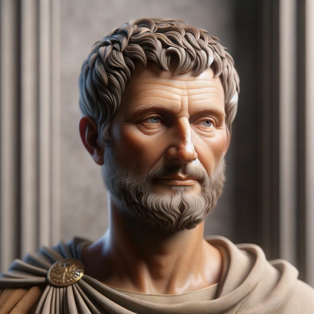 Realistiskt porträtt av den antika stoiska filosofen Seneca i eftertänksam pose, klädd i romersk dräkt, som gestaltar visdom och självdisciplin.