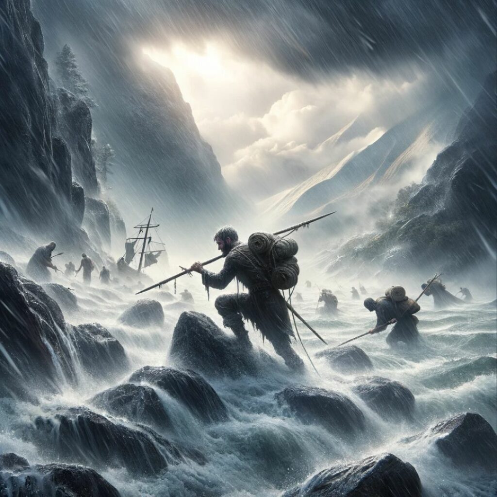 Individ uthärdar utmanande situationer. Bilden framhäver Horatius' insikter om uthållighetens värde. Visar vikten av att möta svårigheter med mod och beslutsamhet