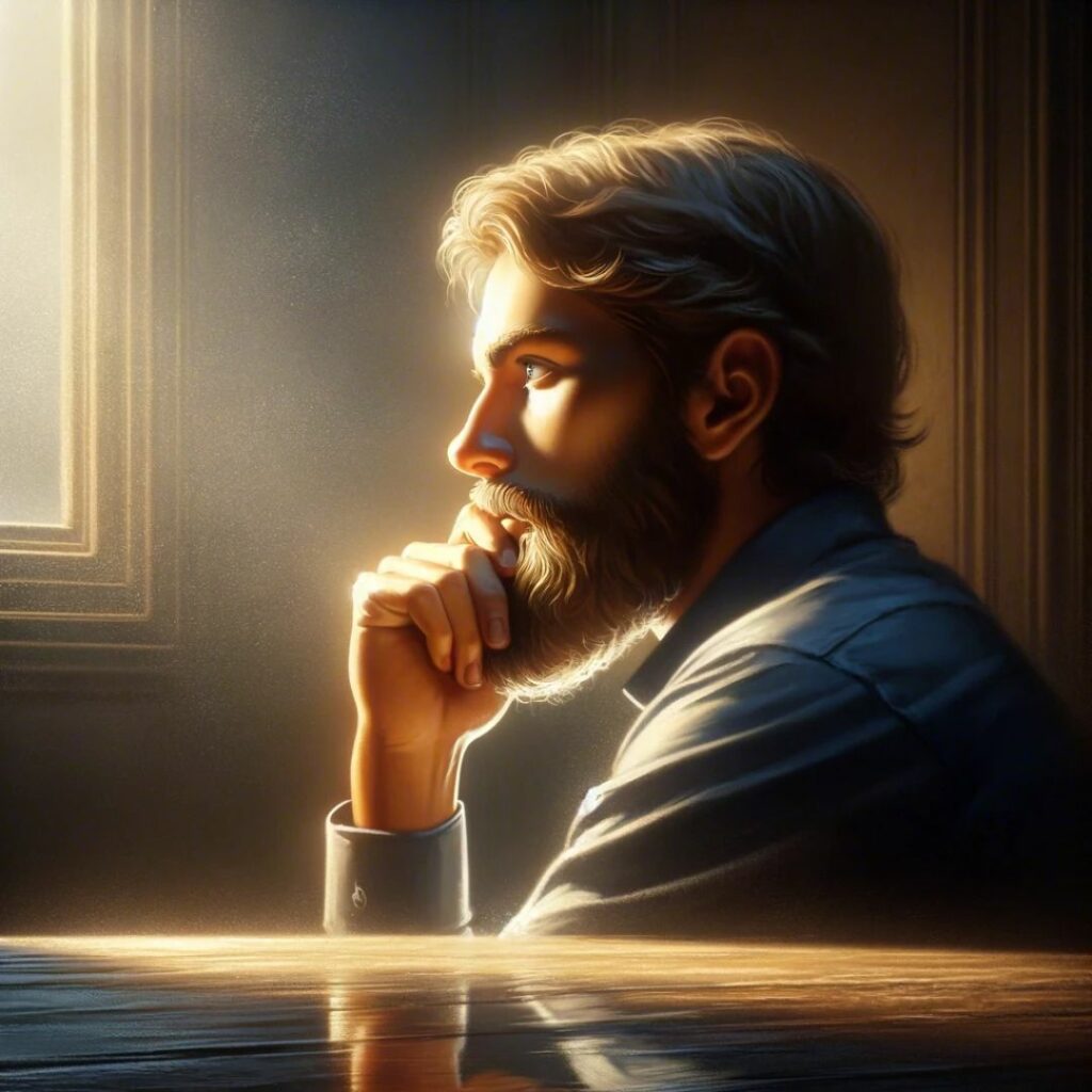 Person fördjupad i filosofisk reflektion. Scenen skildrar en tyst och fridfull miljö. Förmedlar stoiska idén om att vinna visdom genom eftertanke och betydelsen av att förstå sitt eget sinne