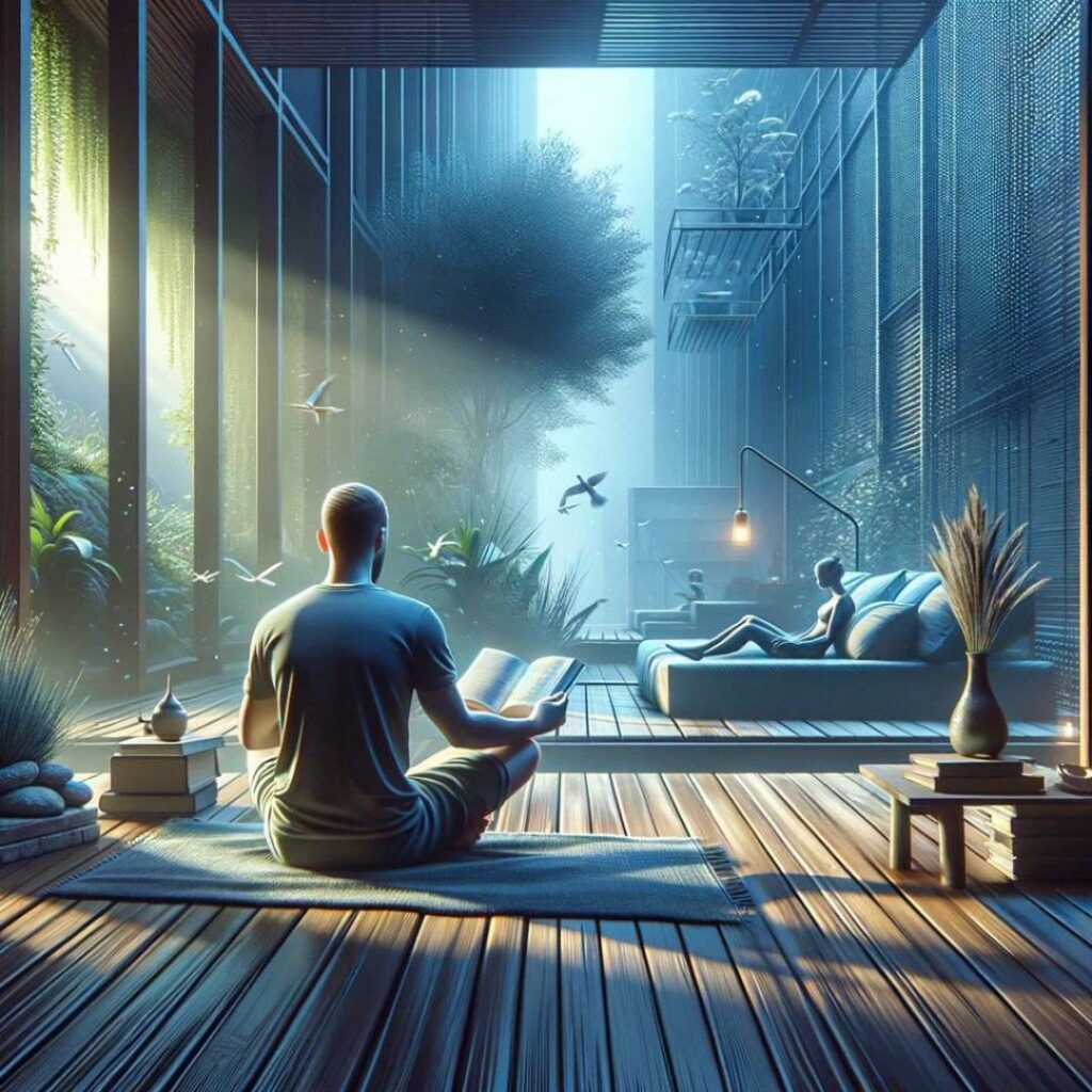 Person i en lugn inomhusmiljö som praktiserar meditation. Framhäver meditation som en metod för att uppnå lugn och lindra stress, lämplig för sluta stressa