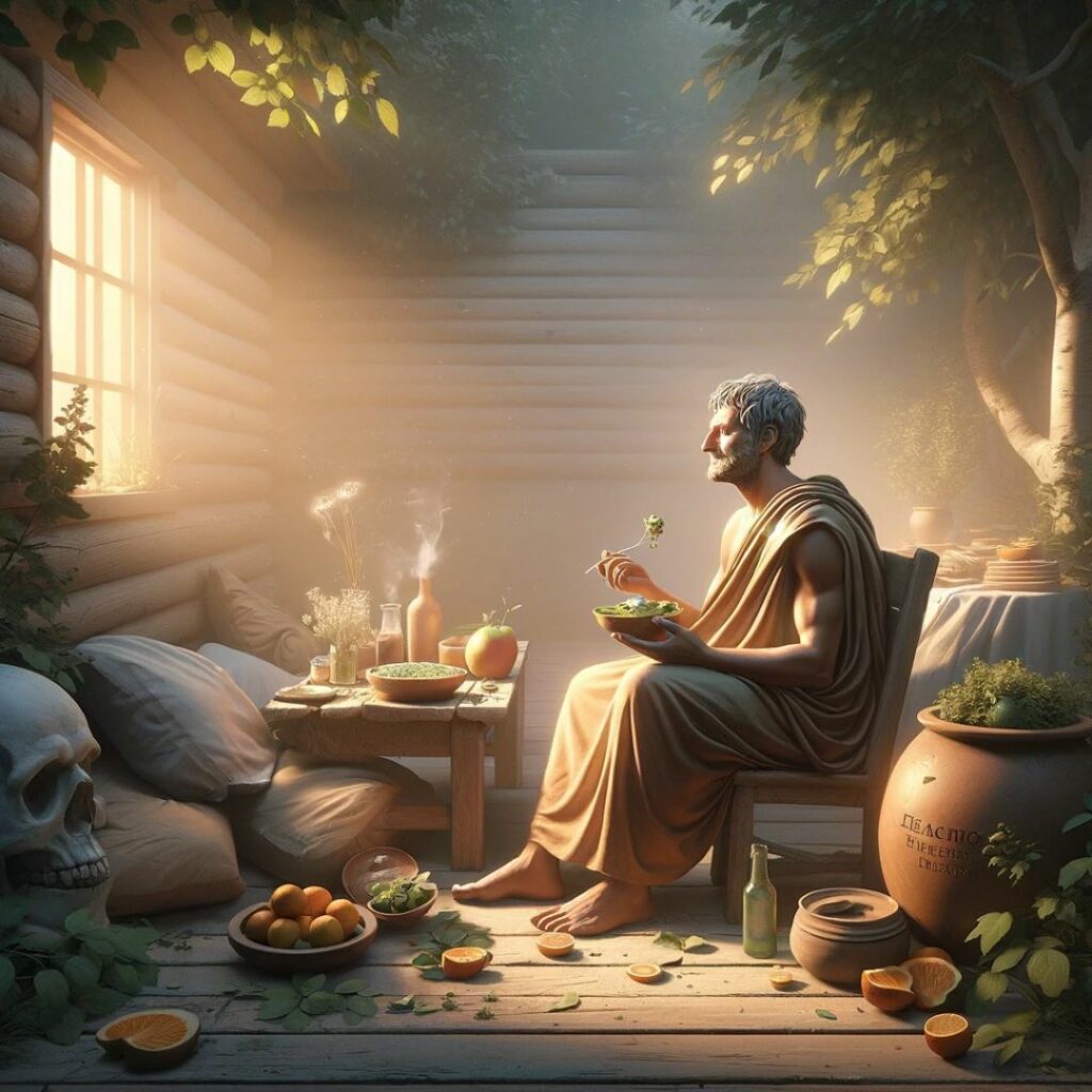 Person njuter av ett enkelt måltid. Bilden återspeglar Horatius' läror om enkelhetens värde. Betonar vikten av att leva inom sina medel och finna lycka i livets små nöjen