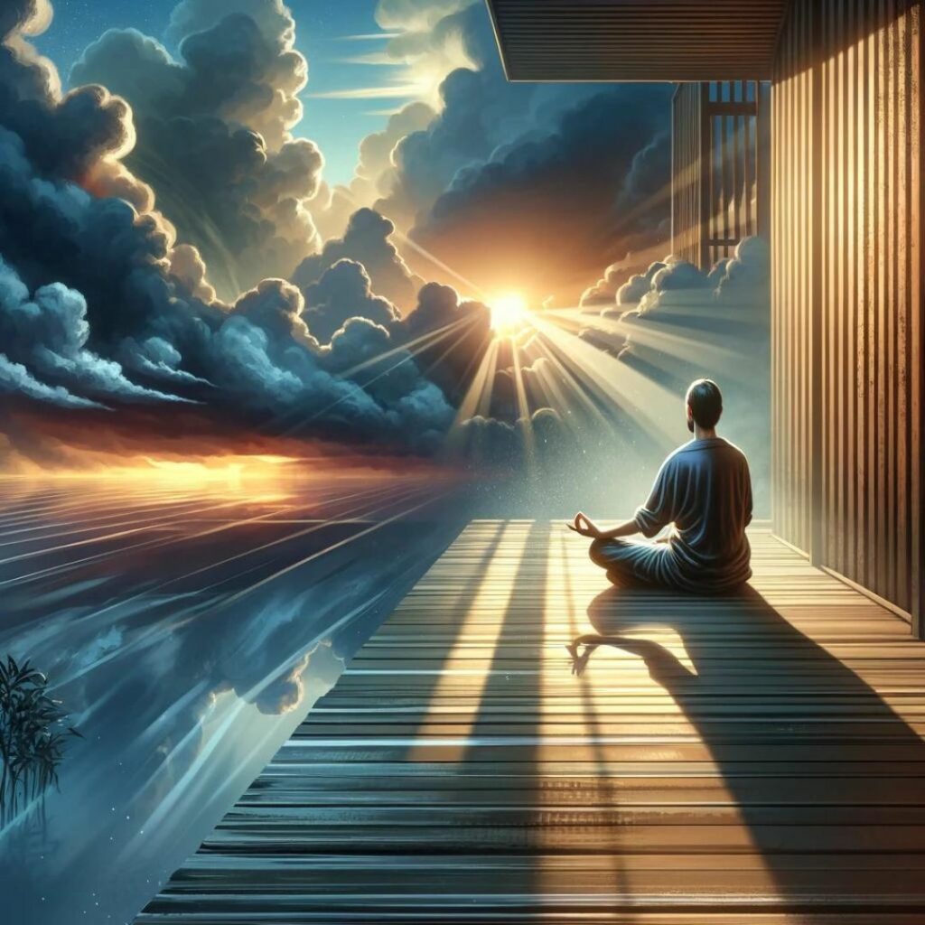Person som praktiserar emotionell reglering och mindfulness. Framhäver stoiska principer om att hantera känslor med rationellt tänkande och medveten närvaro, i enlighet med känslor citat om livet