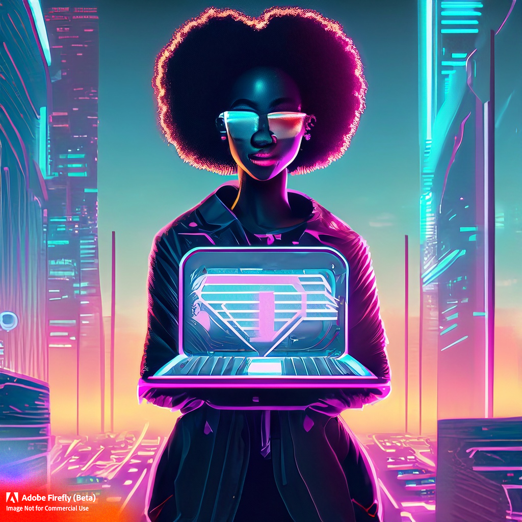 Woman holding a computer in a futuristic city.