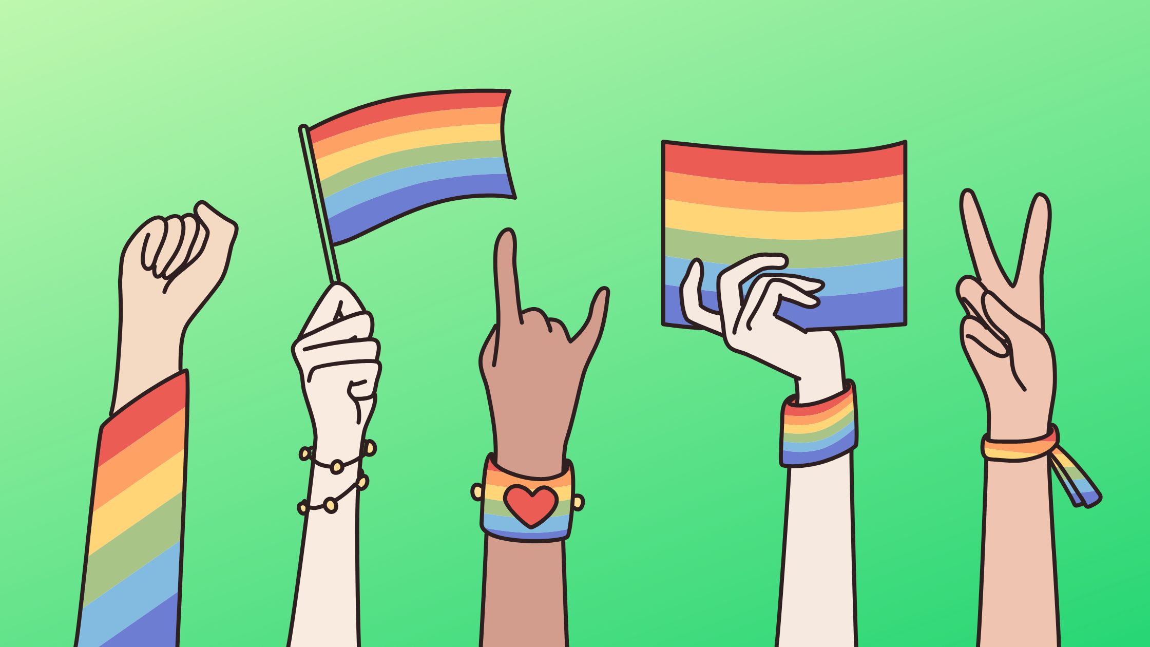 5 hands in the air holding rainbow flags