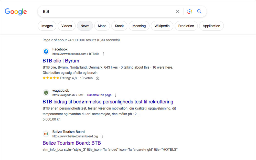 Screen shot fra Google efter søgning på 'BtB' (18. juli 2023)