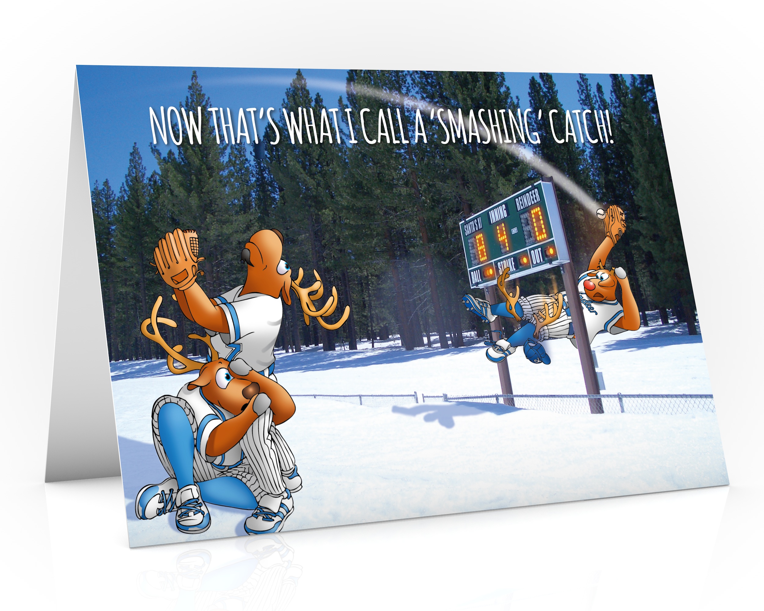 baseball christmas card with rudolph making a smashing catch single card