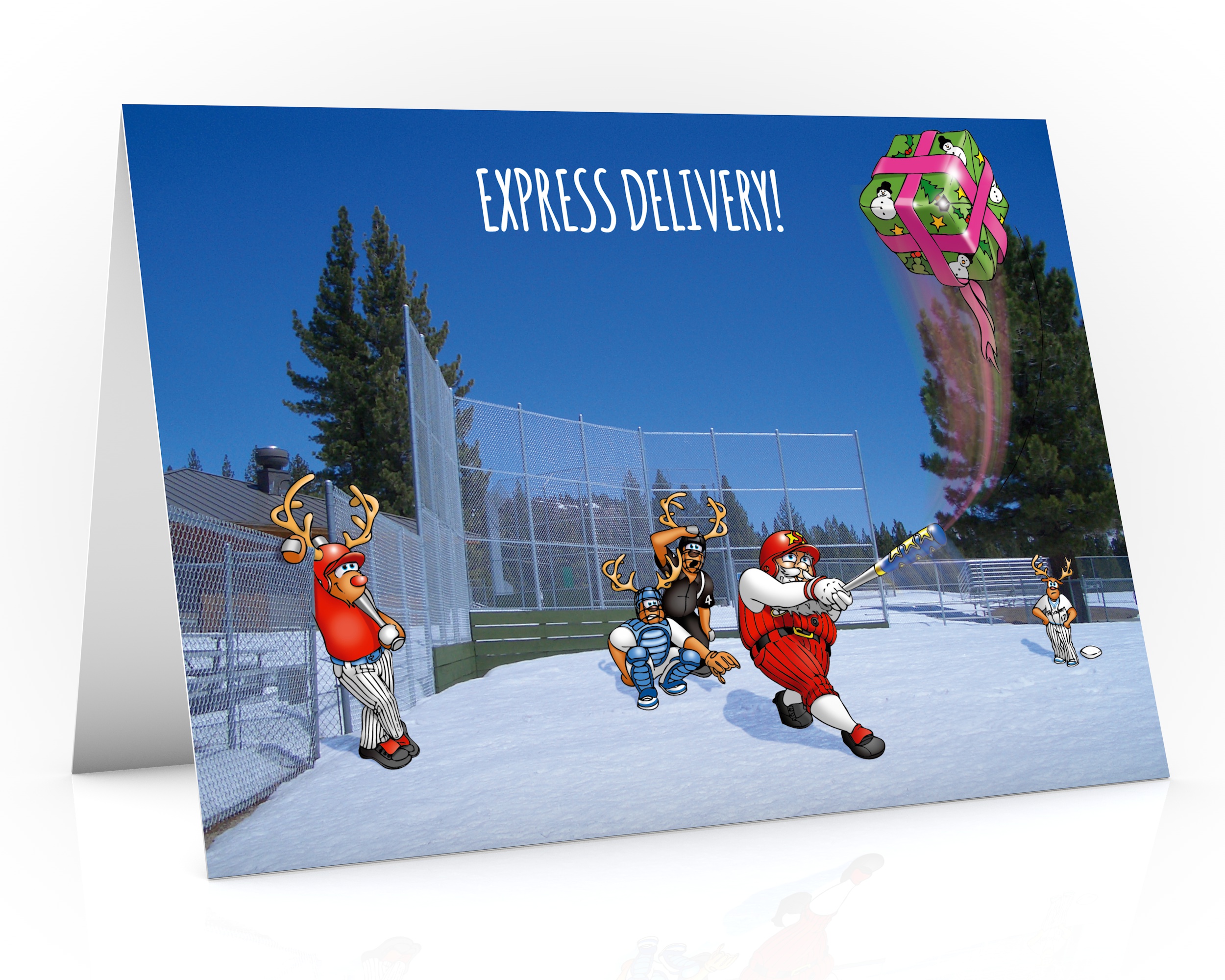 baseball christmas card with santa hitting present single card