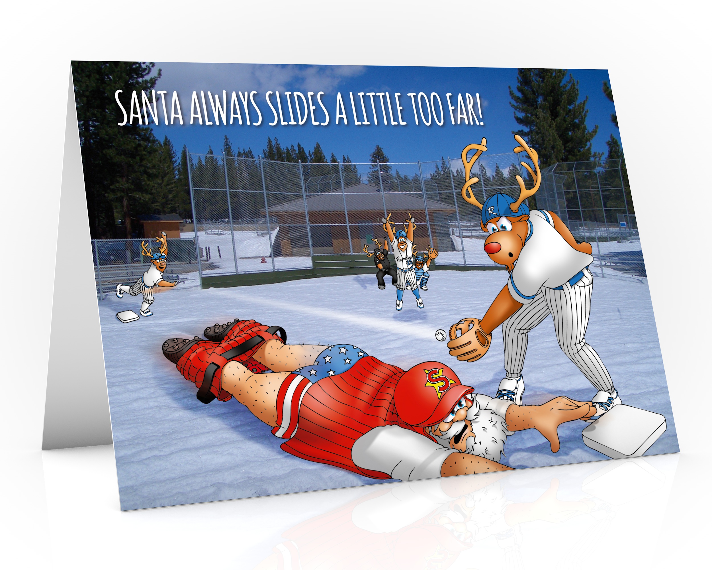 baseball christmas card santa sliding into base single card
