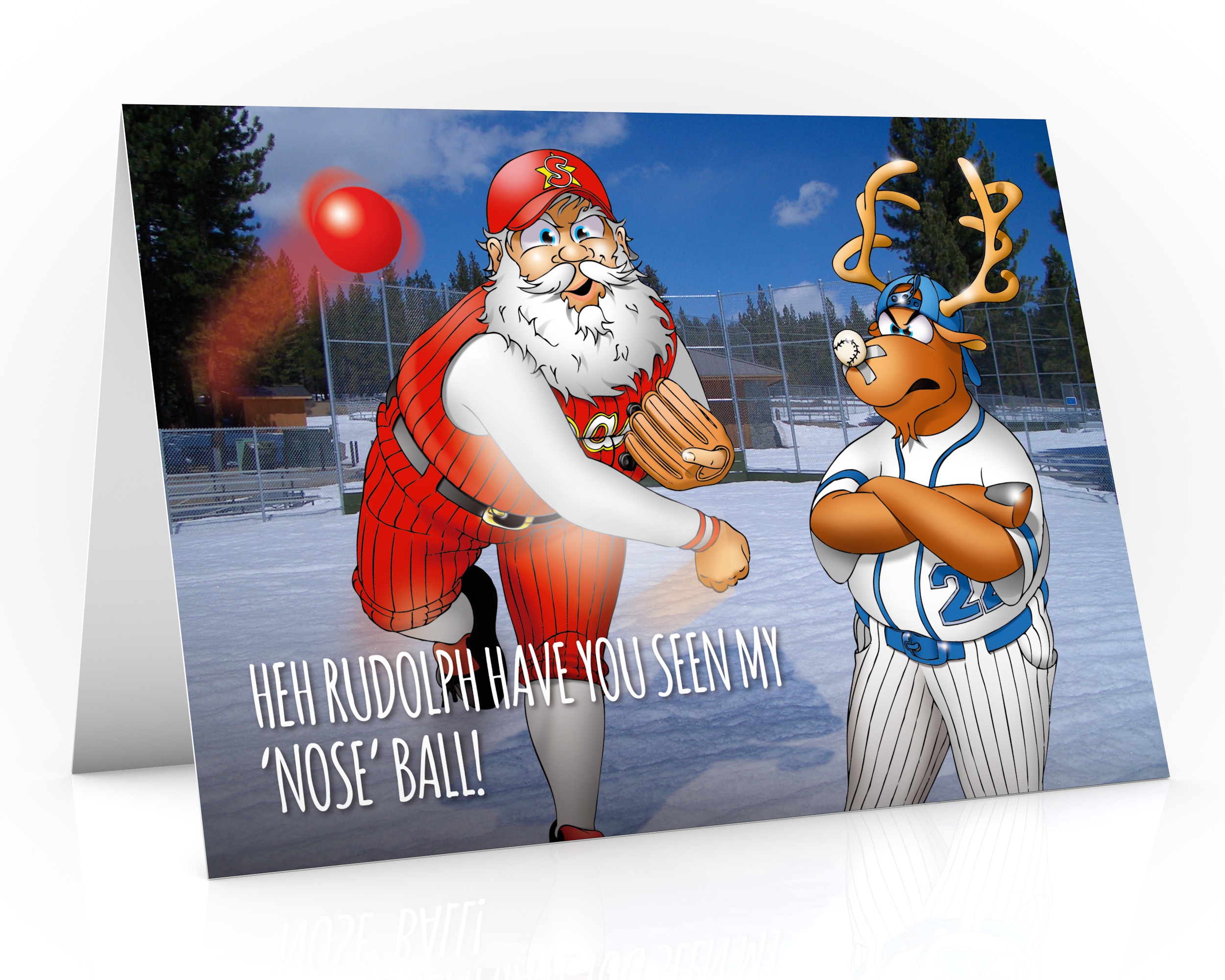 baseball christmas card with santa throwing rudolphs nose single card
