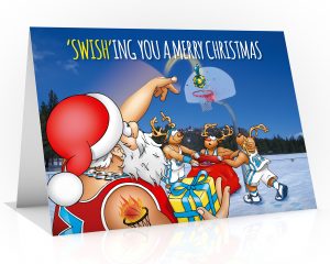 basketball christmas card santa doing a swish shot single card