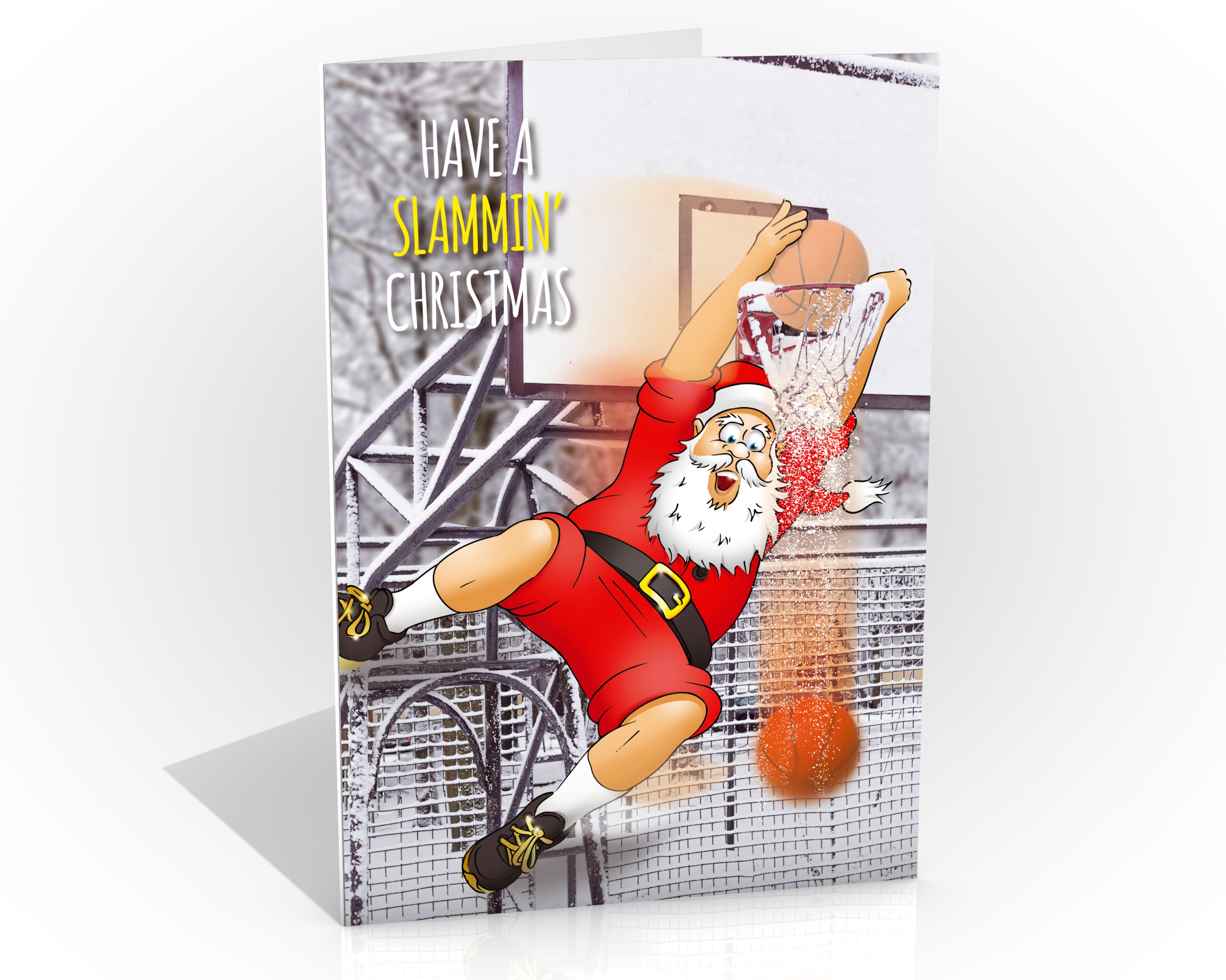 basketball christmas card santa slammin ball through ring single card
