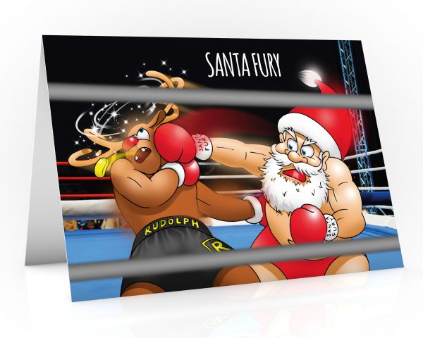 boxing christmas card santa fury knocking out rudolph single card