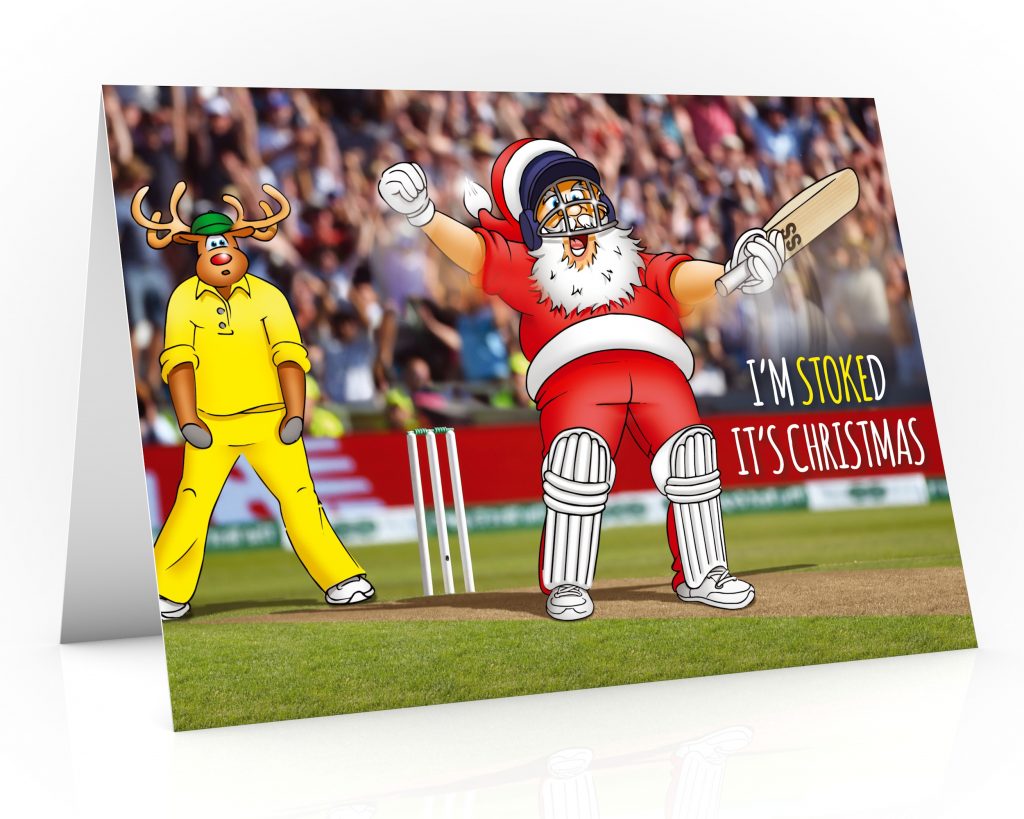 cricket christmas card with santa celebrating like ben stokes single card