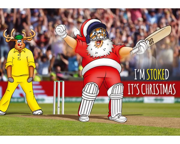 cricket christmas card with santa celebrating like ben stokes single card