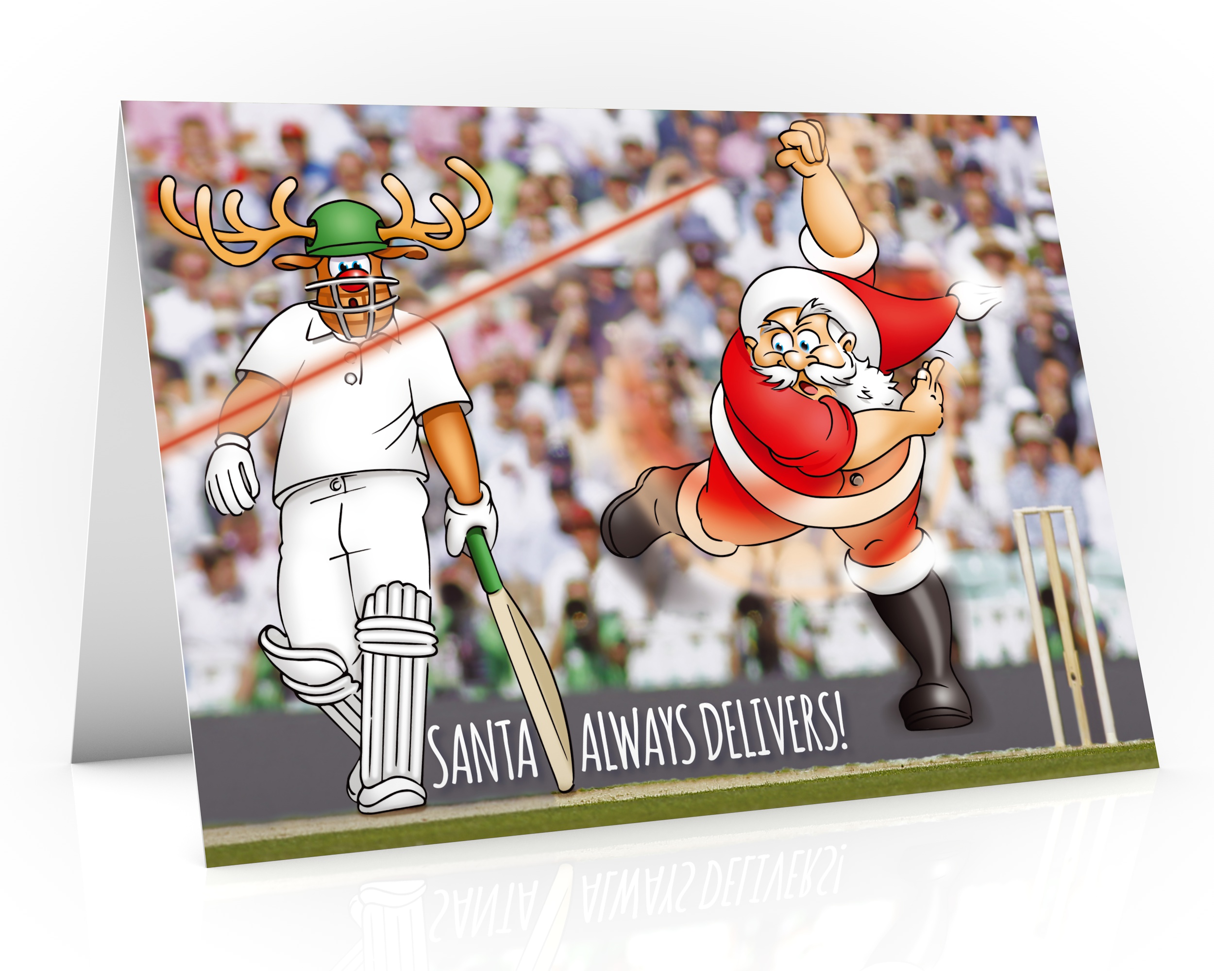 cricket christmas card with santa bowling single card