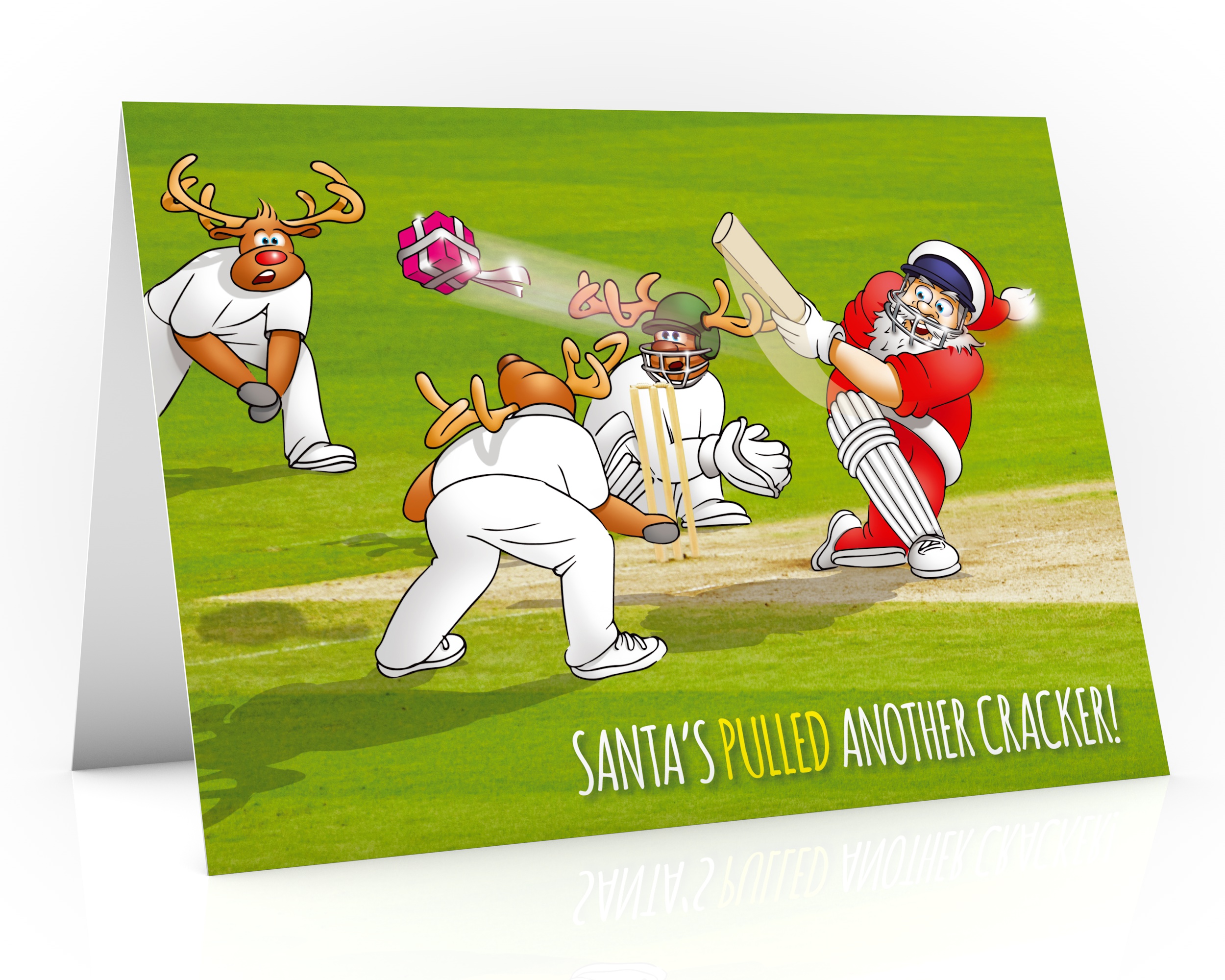 cricket christmas card santa hitting a present single card