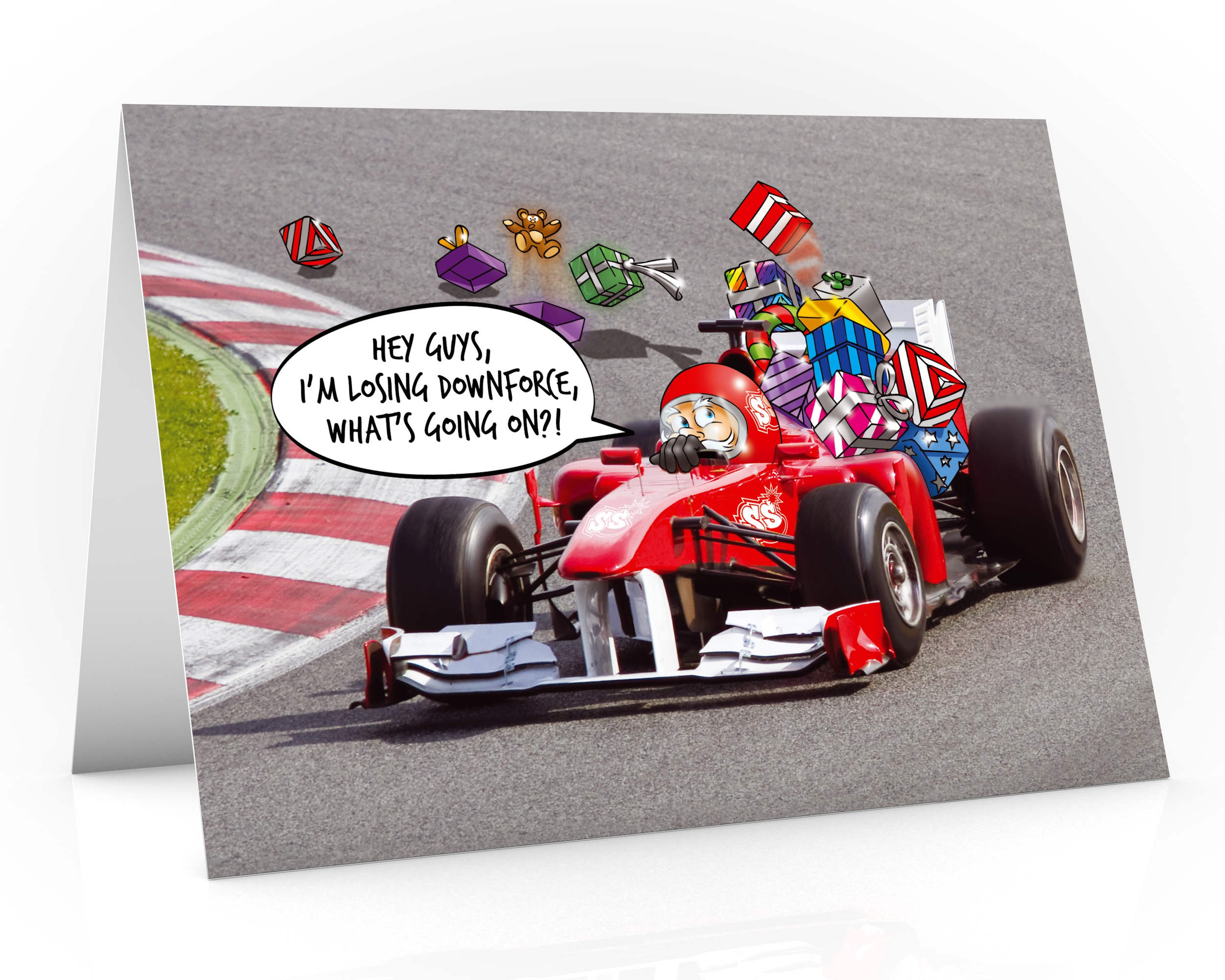 formula one christmas card santa is losing downforce single card