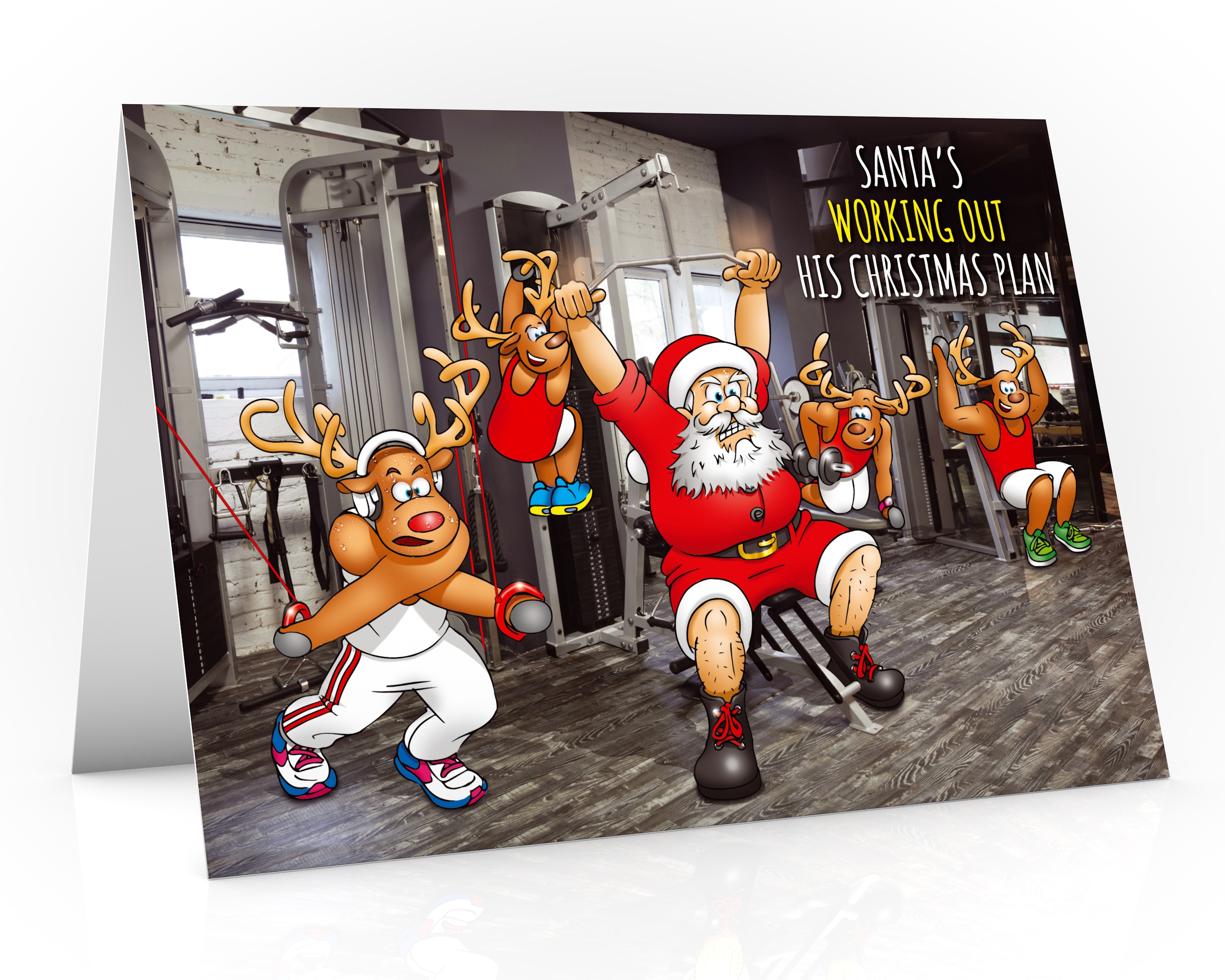 gym christmas card santa working out single card