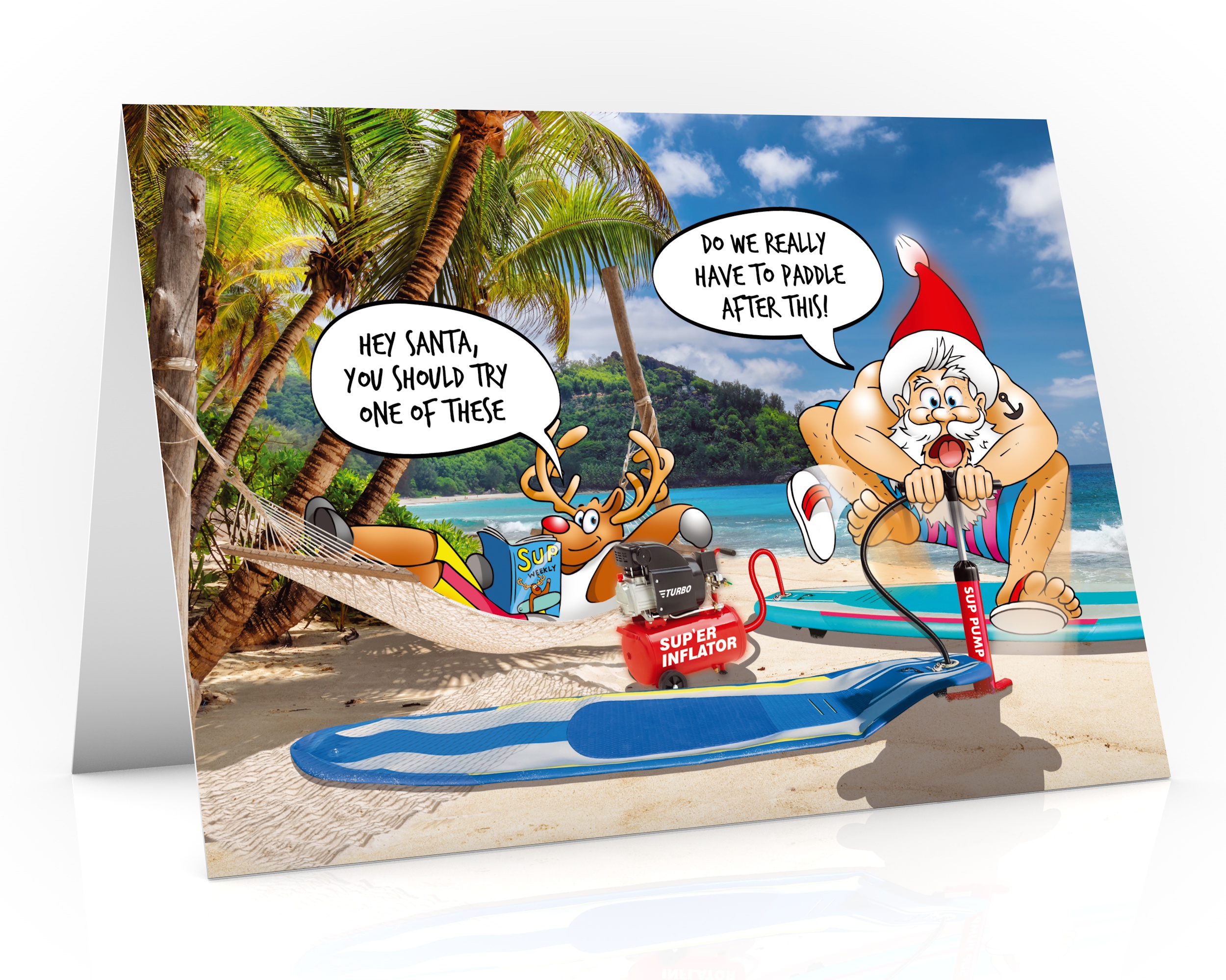 paddleboard christmas card santa inflating sup single card