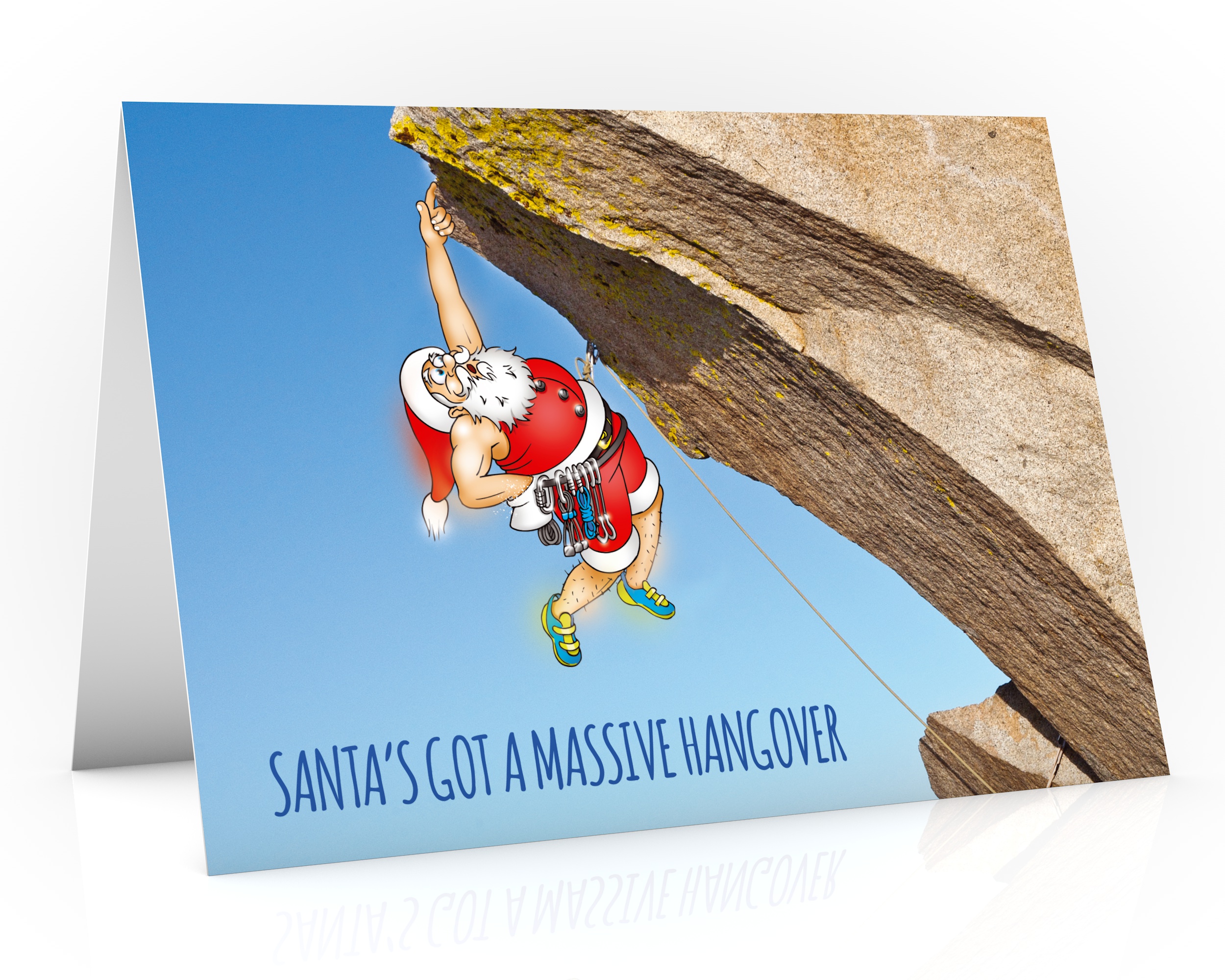 rock climbing christmas card santa hanging off a ledge single card